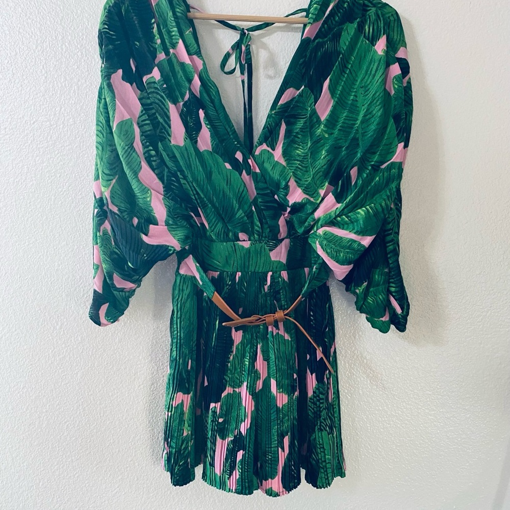 L'ATISTE Green and Pink Leaf Print Jumpsuit